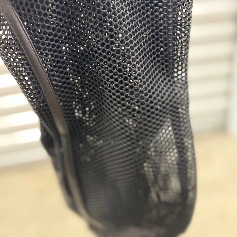 Bamboo Spotlight Black Mesh Over The Knee Boots Gold Block Heel Peep Toe Size 9